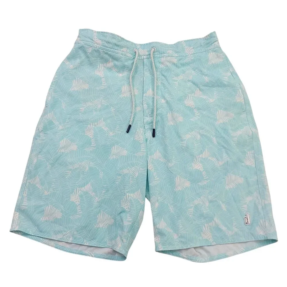 Johnnie-O Swim Shorts Mens Small Aqua Palm Leaf Mesh Lined Swim Trunks Beach